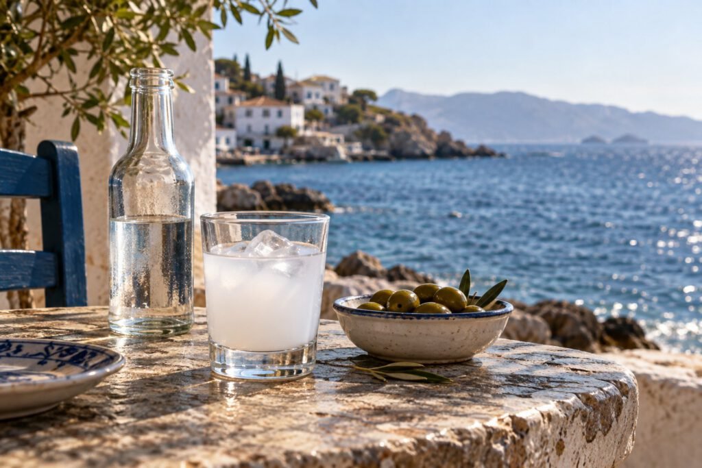 Ούζο σε τραπέζι δίπλα στη θάλασσα