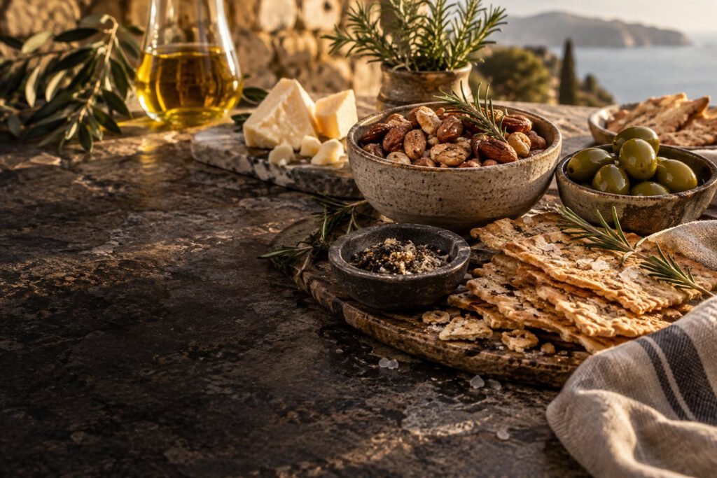 Μικρά πιάτα με ελιές, ξηρούς καρπούς και τυρί σε τραπέζι