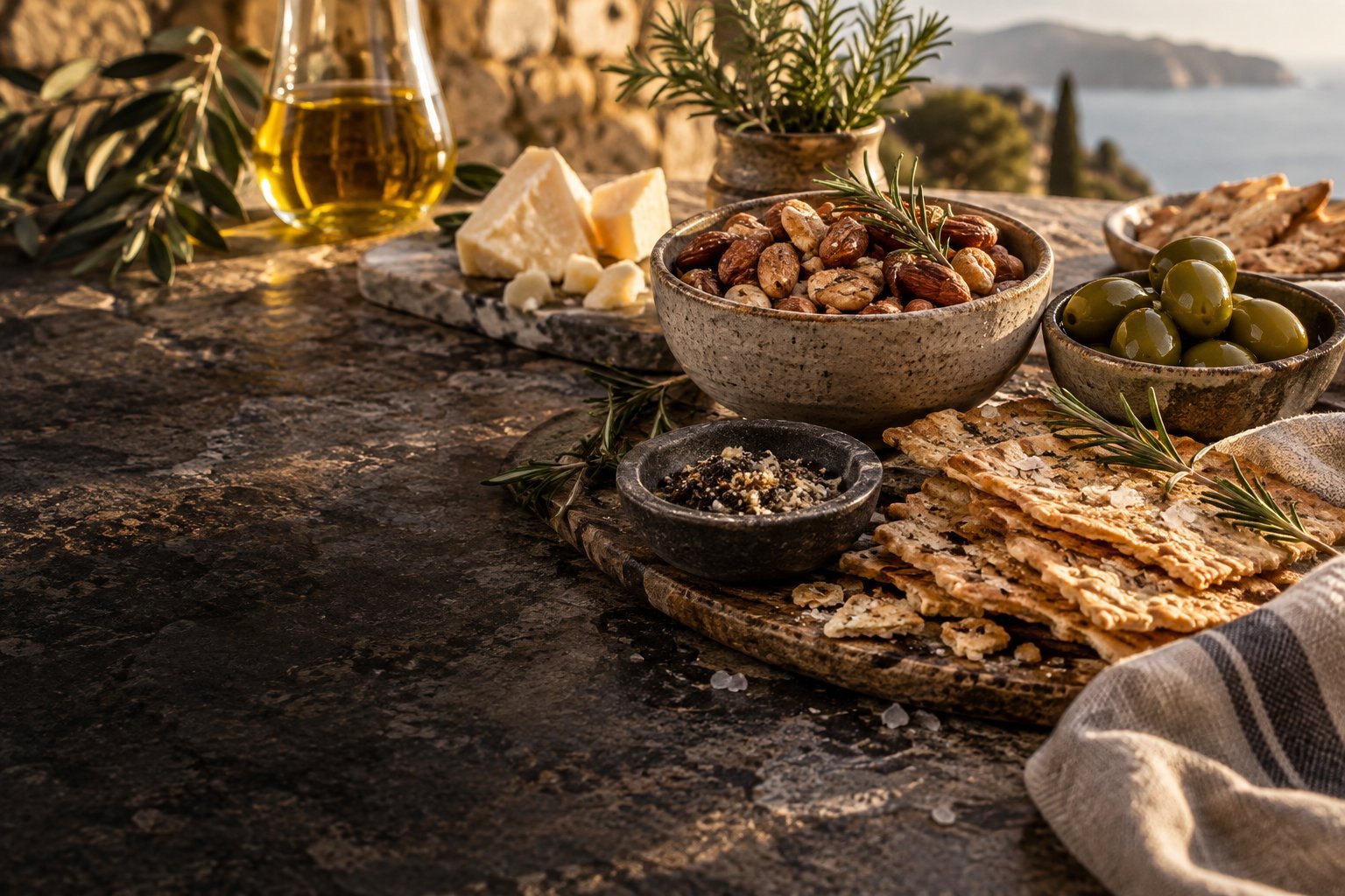 Μικρά πιάτα με ελιές, ξηρούς καρπούς και τυρί σε τραπέζι